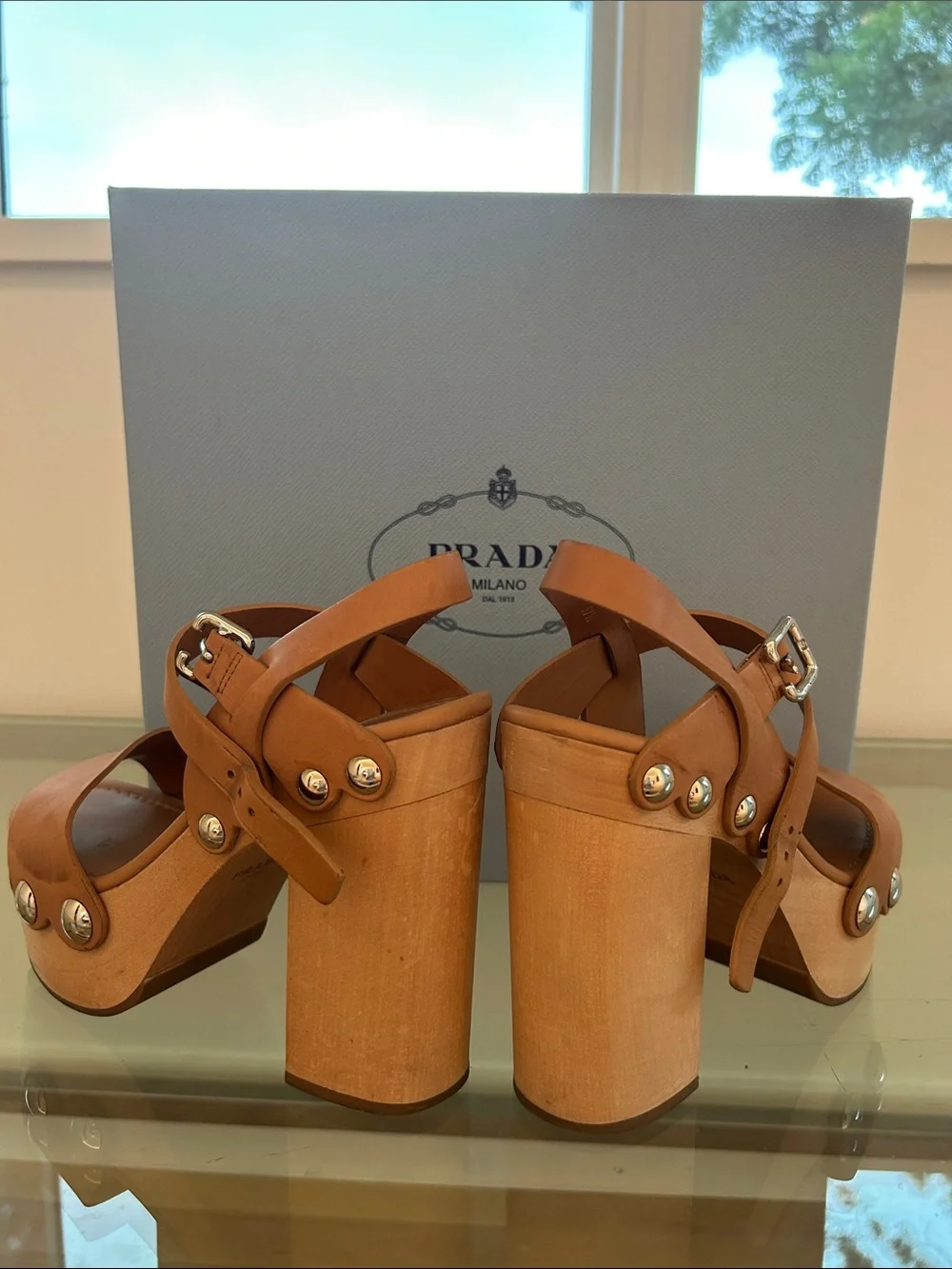 Prada Tan Leather Studded Platform Sandals